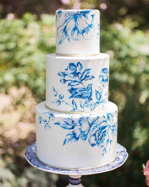 Акварельная роспись торта для свадьбы в голубых тонах