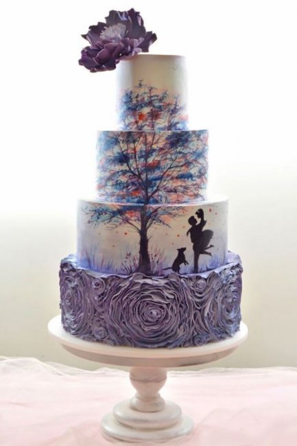 Ручная роспись свадебного торта в фиалетовых тонах