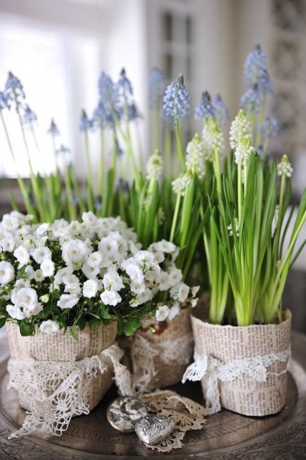 Сезонные цветы в вазах и горшках в свадебном декоре