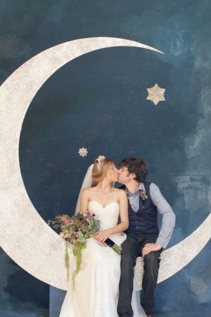 Оригинальное оформление свадебной фотозоны с луной