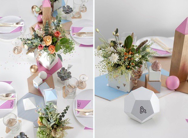 Геометрические украшения столов для свадьбы
