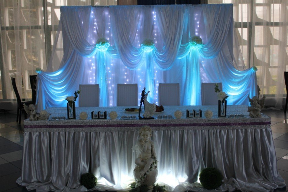 Оформление зала на свадьбу в белом и синем цвете от Магнатус