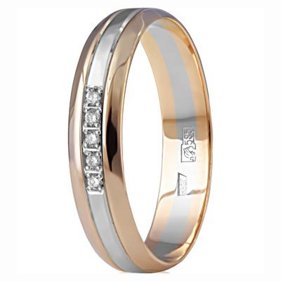 Обручальное кольцо из комбинированного золота с бриллиантами, возможно изготовление с фианитами.