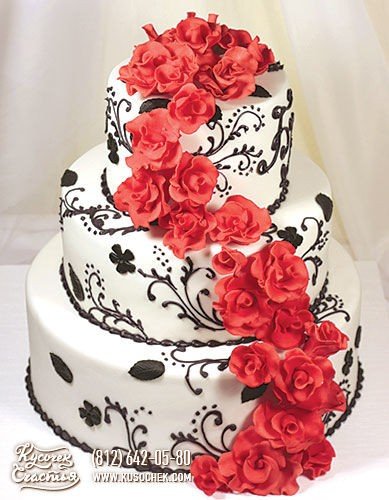 svadebnyj-tort-krasnye-rozy-i-chernye-uzory