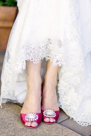 Hot-Pink-Bridal-Shoes-With-Rhinestone-Brooch-Detail-300x450
